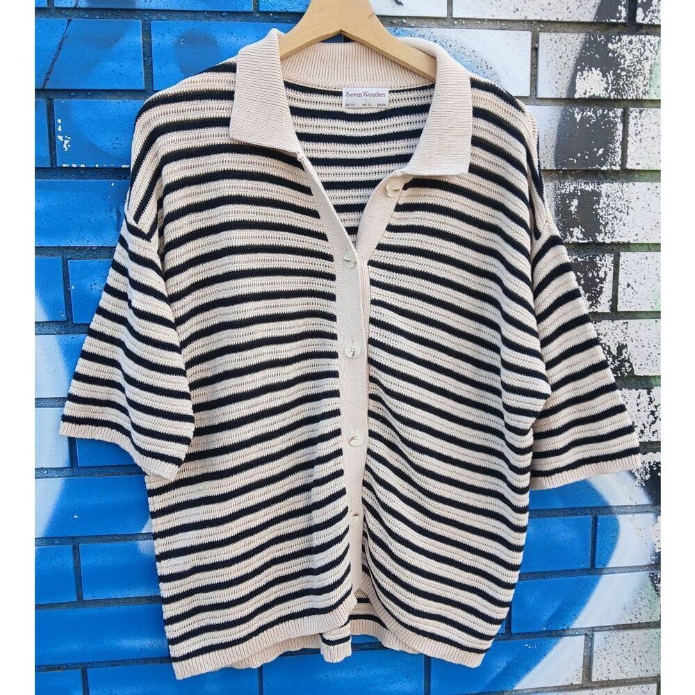 Seven wonders womens large top boxy knit cotton open knit beige black stripe